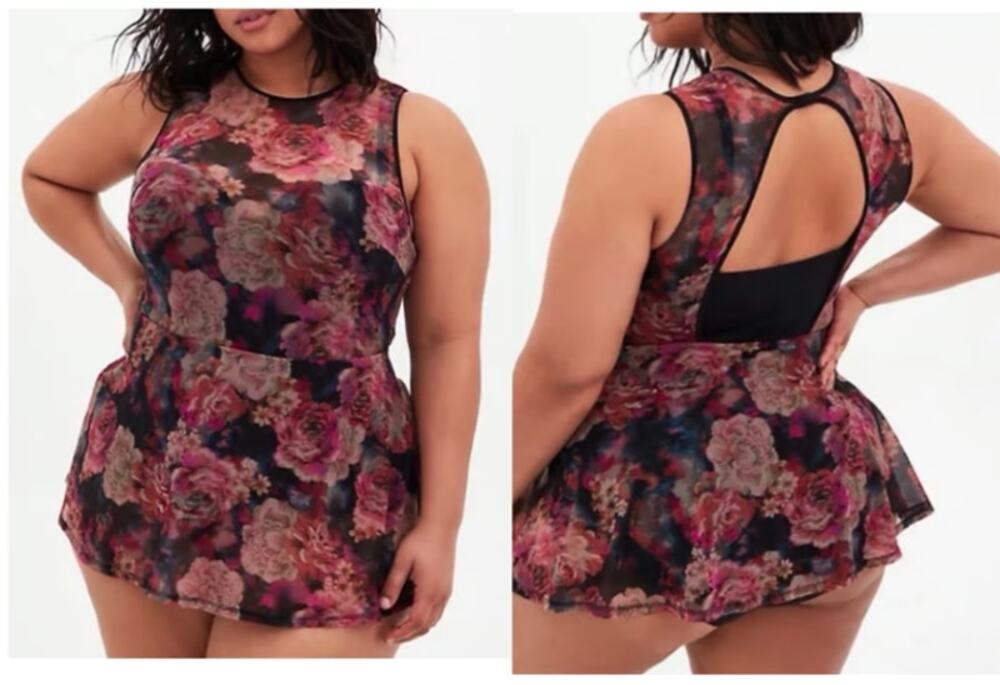 Torrid Multi Rose Floral Mesh Peplum Underwire One-Piece Swimsuit Size 4X DD/F
